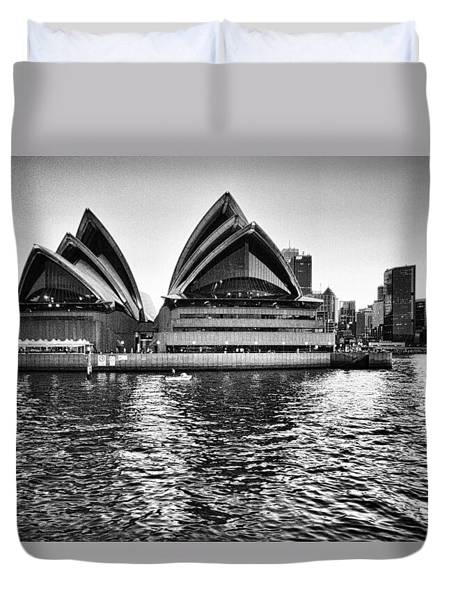 Sydney Opera House Duvet Cover featuring the photograph Sydney Opera House-Black and White by Douglas Barnard