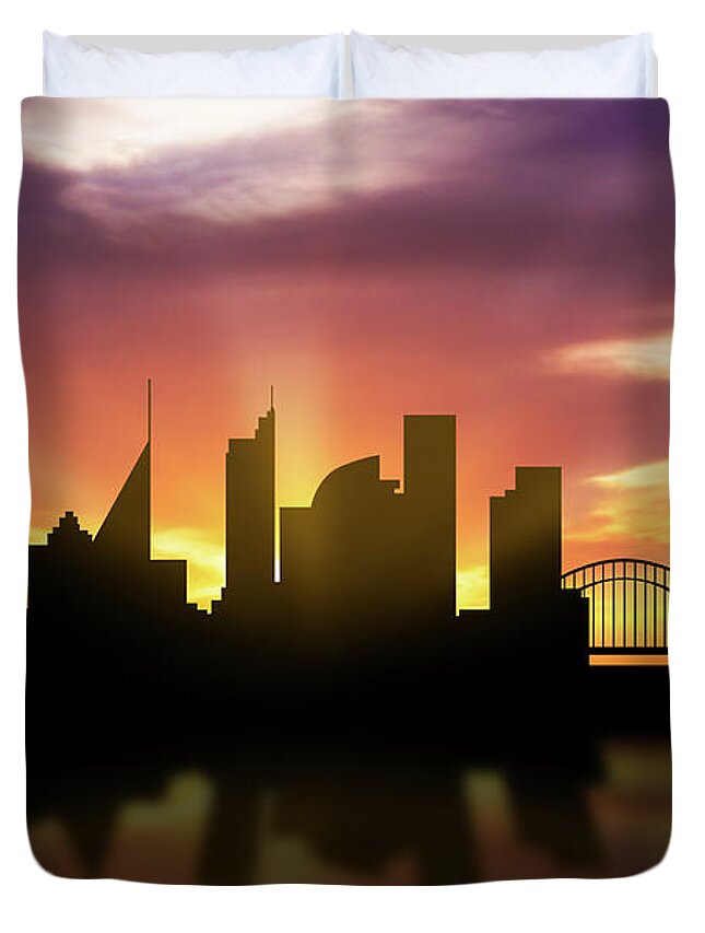 Sydney Duvet Cover featuring the digital art Sydney Skyline Sunset AUSY22 by Aged Pixel