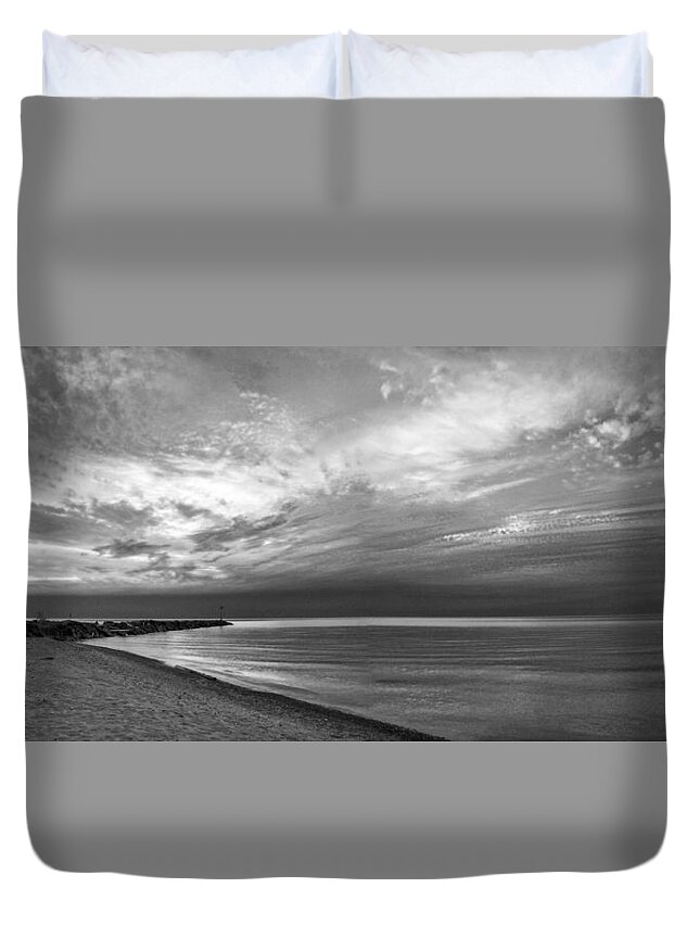 Lake Superior Duvet Cover featuring the photograph Symphony in the Sky black and white by Leda Robertson