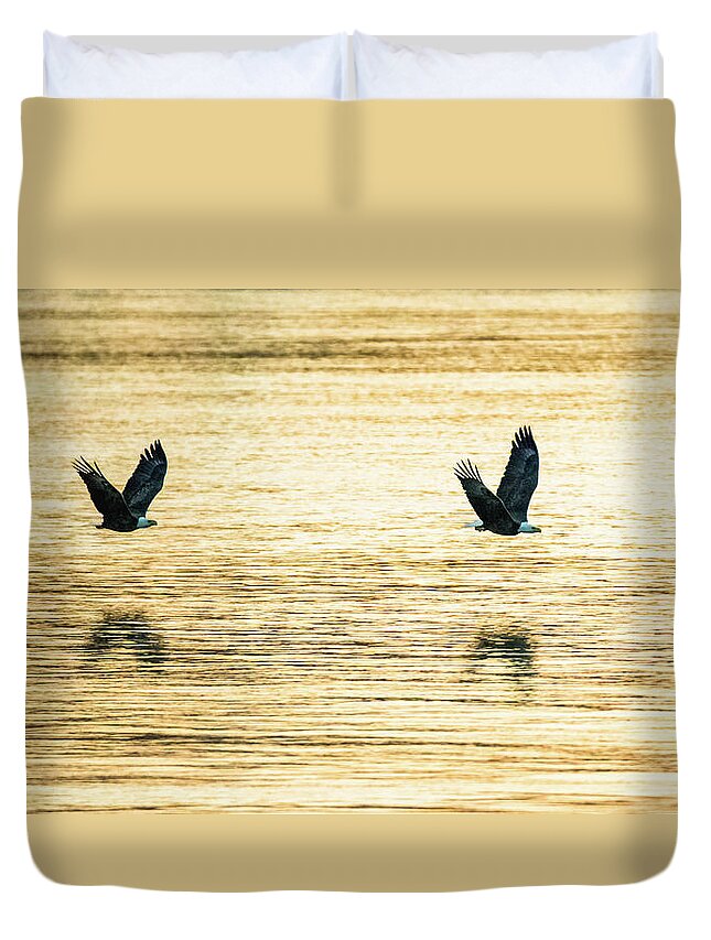 11 November 2016 Duvet Cover featuring the photograph Synchronized Bald Eagles at Dawn 2 of 2 by Jeff at JSJ Photography