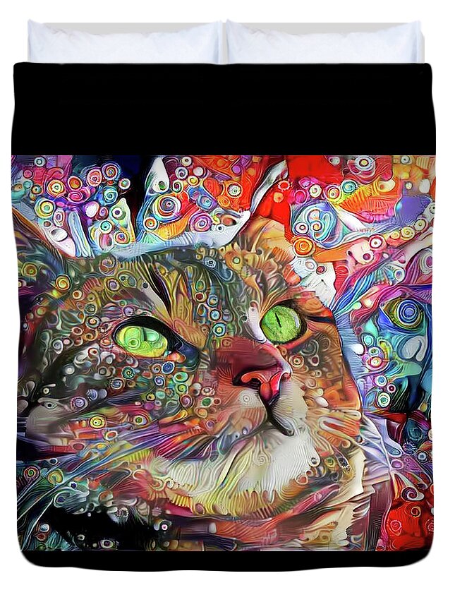 Psychedelic Cat Duvet Cover featuring the digital art Tabby Cat Color Blast by Peggy Collins