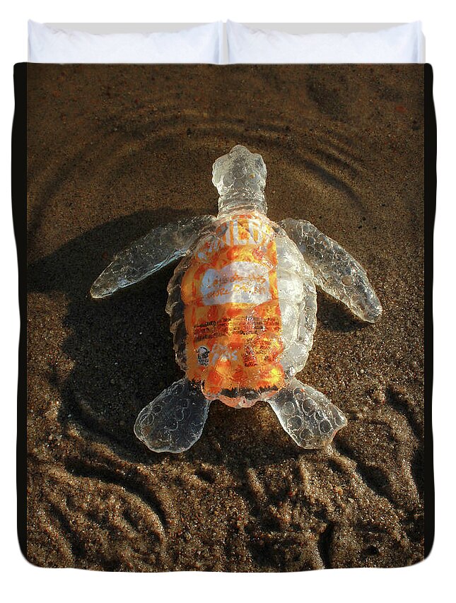 Sculpture Duvet Cover featuring the sculpture Taco Sauce Baby Sea Turtle from the Feral Plastic series by Adam by Adam Long