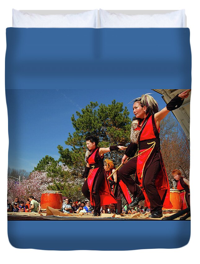 Japanese Duvet Cover featuring the photograph Taiko Demonstration by James Kirkikis
