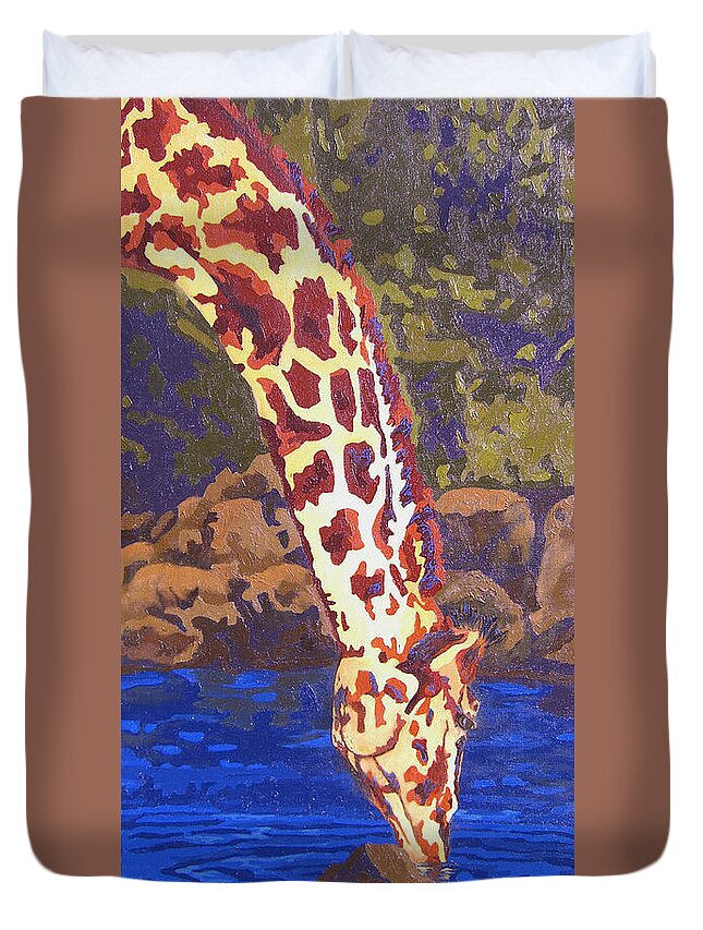 Giraffe Duvet Cover featuring the painting Tall Drink Of Water by Cheryl Bowman