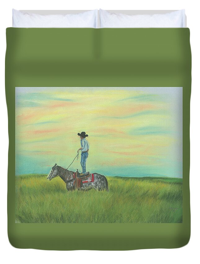 Horse Duvet Cover featuring the pastel Tall in the Saddle by Sheila Johns