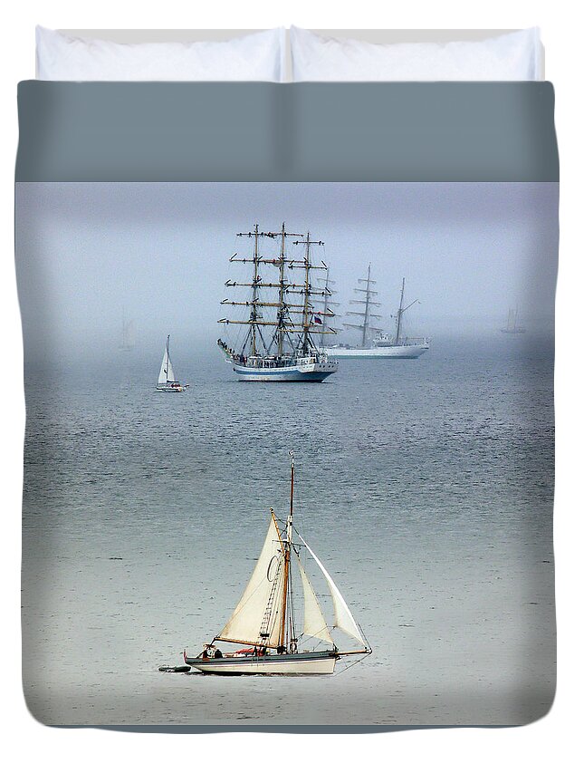 Tall Ships Duvet Cover featuring the photograph Tall Ships in the Mist by Lynn Bolt