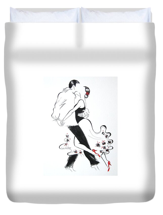 Tango Couple Romance Love Passion Black And White Flowers Red Shoes Sensual Dance Love Forever Duvet Cover featuring the painting Tango 6 by Lena Leitzke