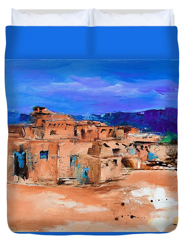 Taos Duvet Cover featuring the painting Taos Pueblo Village by Elise Palmigiani
