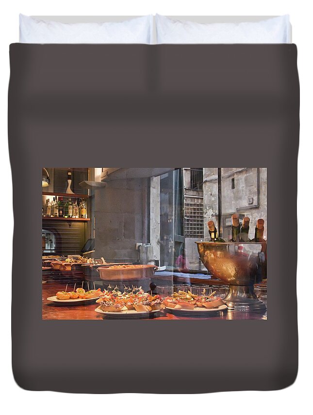 Tapas Duvet Cover featuring the photograph Tapas bar in Barcelona by Tatiana Travelways