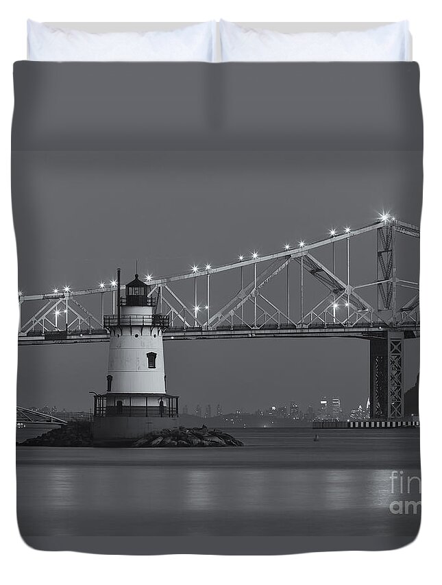 Clarence Holmes Duvet Cover featuring the photograph Tarrytown Lighthouse and Tappan Zee Bridge at Twilight II by Clarence Holmes