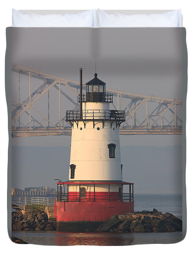 Clarence Holmes Duvet Cover featuring the photograph Tarrytown Lighthouse and Tappan Zee Bridge III by Clarence Holmes