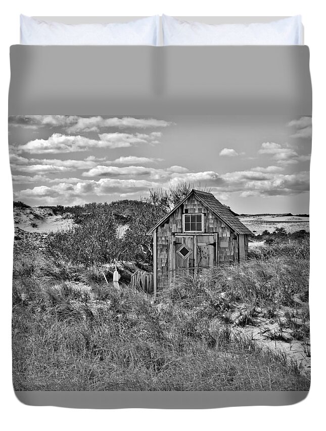 Cape Cod Duvet Cover featuring the photograph Tasha Dune Shack in Black and White by Marisa Geraghty Photography