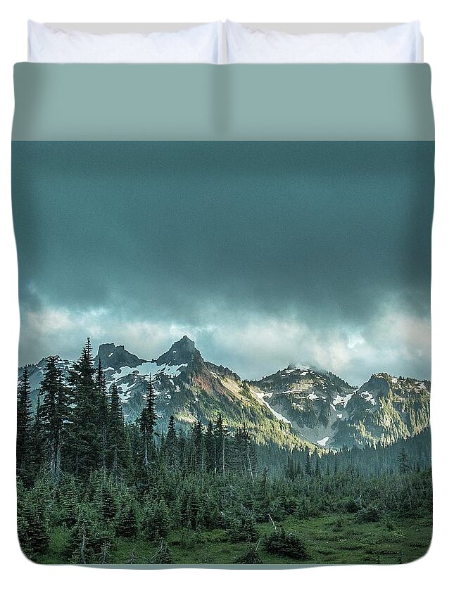 Mt. Rainier National Park Duvet Cover featuring the photograph Tatoosh with Storm Clouds by E Faithe Lester