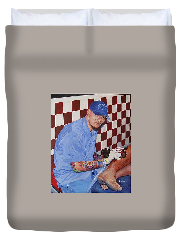 Tattoo Duvet Cover featuring the painting Tattoo Artist - Brandon Notch by Quwatha Valentine