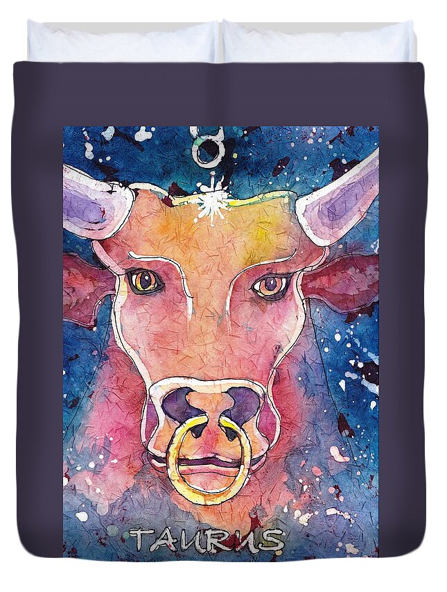 Zodiac Duvet Cover featuring the painting Taurus by Ruth Kamenev