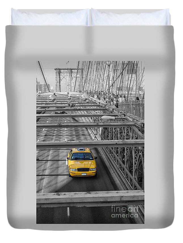 Cab Duvet Cover featuring the photograph Taxi on the Brooklyn bridge by Patricia Hofmeester