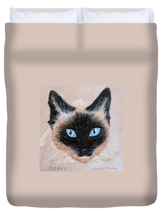 Siamese Duvet Cover featuring the drawing Tazzy by Jamie Frier