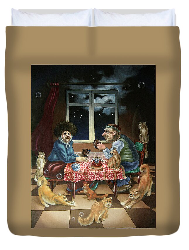 Tea Party Duvet Cover featuring the painting Tea with cats by Victor Molev