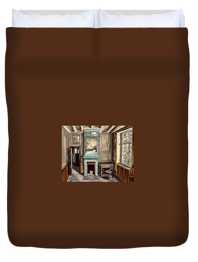Art Duvet Cover featuring the painting Teal Fireplace by Debbie Criswell