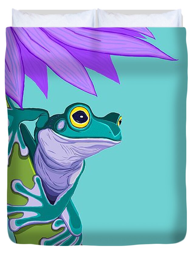 Frogs Duvet Cover featuring the painting Teal Frog and Purple Flower by Nick Gustafson