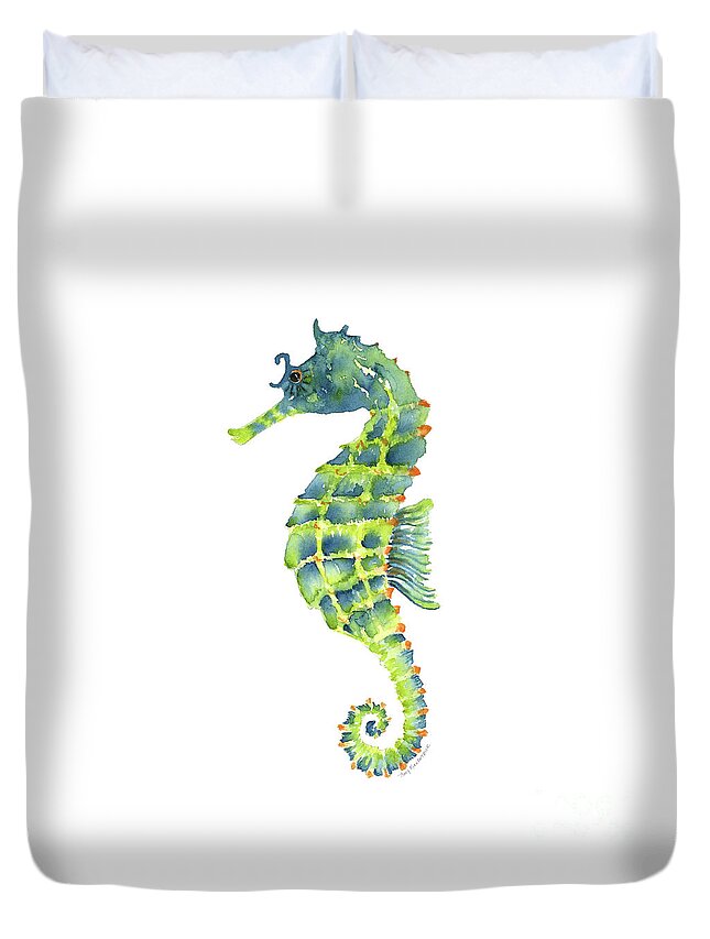 Seahorse Painting Duvet Cover featuring the painting Teal Green Seahorse - Square by Amy Kirkpatrick
