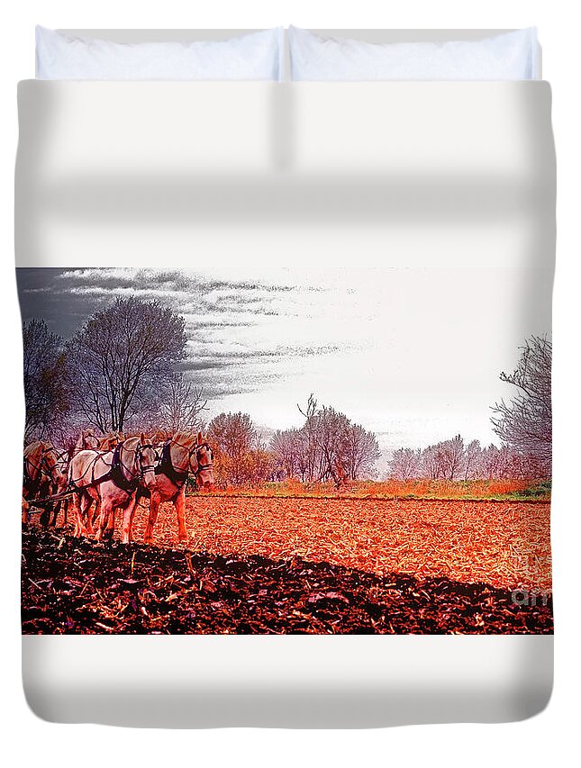 Team Duvet Cover featuring the photograph Team Of Draft Horses Plowing Early Spring by Tom Jelen
