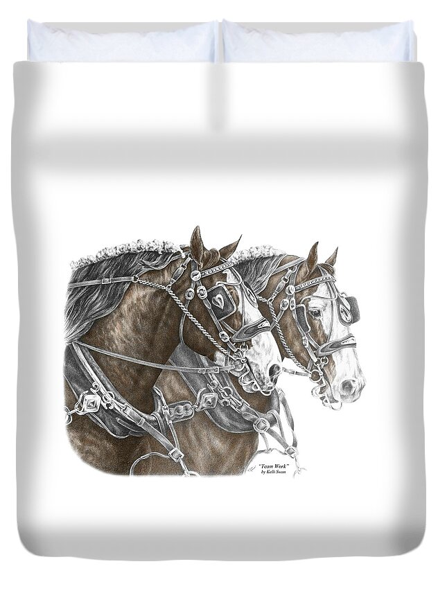 Clydesdale Duvet Cover featuring the drawing Team Work - Clydesdale Draft Horse Print color tinted by Kelli Swan