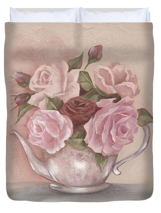 Shabby Chic Duvet Cover featuring the painting Teapot Roses by Chris Hobel