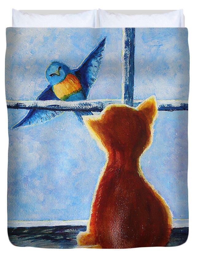 Bird Duvet Cover featuring the painting Teasing Bird by April Burton
