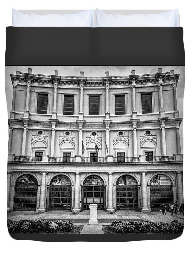 Joan Carroll Duvet Cover featuring the photograph Teatro Real Madrid BW by Joan Carroll