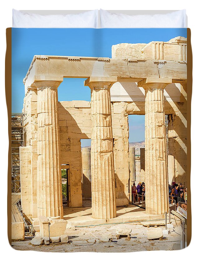 Athens Duvet Cover featuring the photograph temple of Athena and Nike in Acropolis hill in Athens by Marek Poplawski