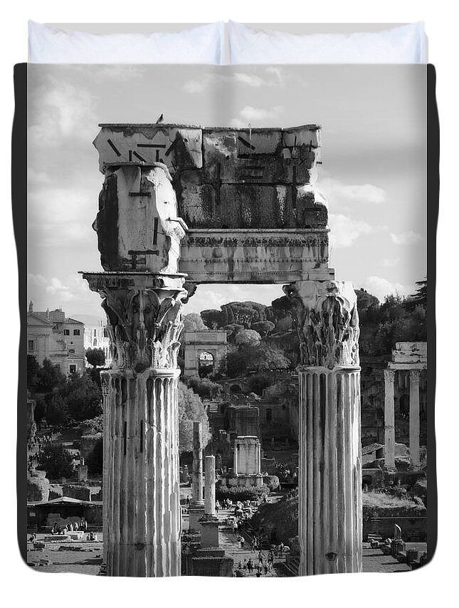 Italy Duvet Cover featuring the photograph Temple of Saturn Ruins in Black and White by Angela Rath