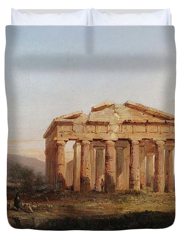 Temple Duvet Cover featuring the painting Temples of Paestum by Jules Louis Philippe Coignet