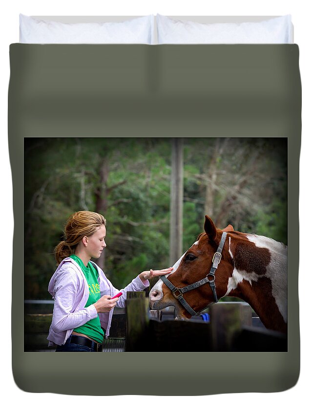 Horse Duvet Cover featuring the photograph Tender Touch by Jaime Mercado