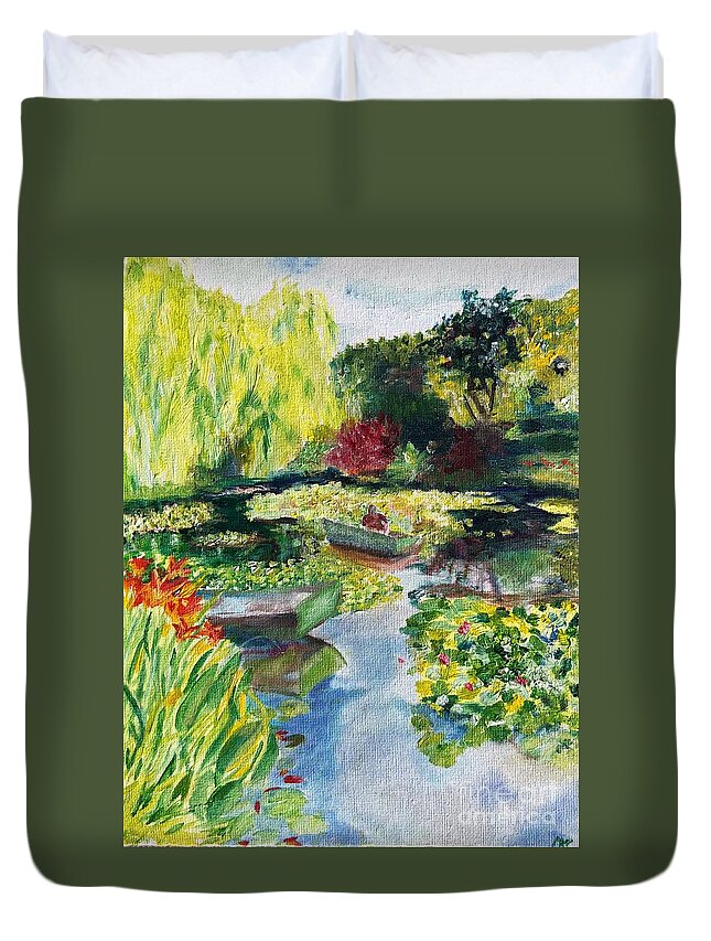 Giverney Duvet Cover featuring the painting Tending the Pond by Kate Conaboy
