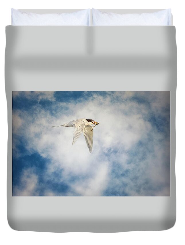 Tern Duvet Cover featuring the photograph Tern in Flight with Fish by Susan Gary