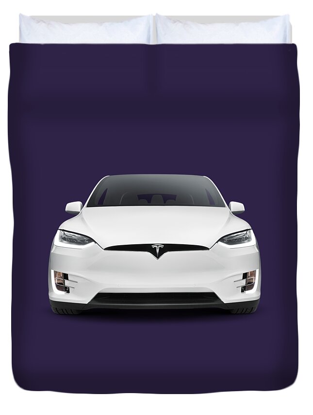 Tesla Duvet Cover featuring the photograph Tesla Model X luxury SUV electric car front art photo print by Maxim Images Exquisite Prints