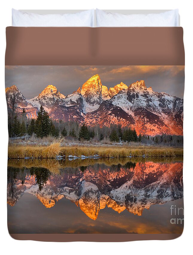 Teton Duvet Cover featuring the photograph Teton Mountains Sunrise Rainbow by Adam Jewell