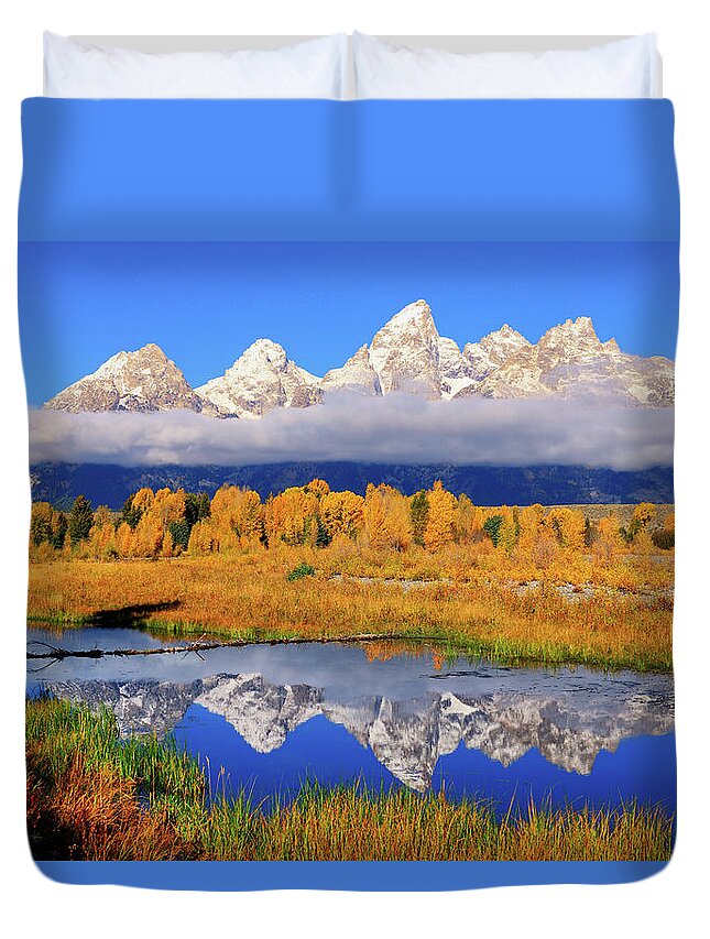 Tetons Duvet Cover featuring the photograph Teton Peaks Reflections by Greg Norrell