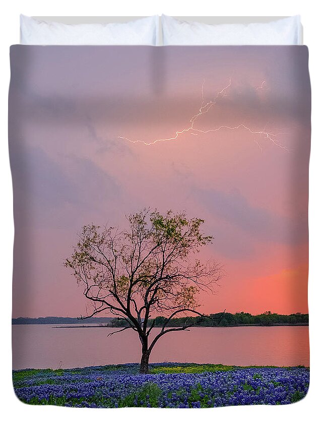 Ennis Duvet Cover featuring the photograph Texas Bluebonnets and Lightning by Robert Bellomy