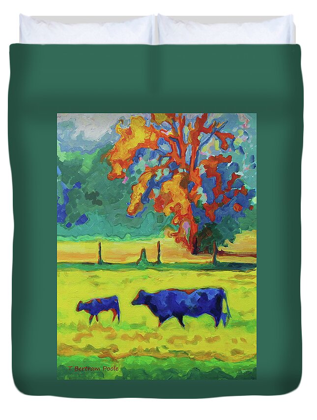 Texas Cow And Calf Duvet Cover featuring the painting Texas Cow and Calf at Sunset Giclee Bertram Poole by Thomas Bertram POOLE