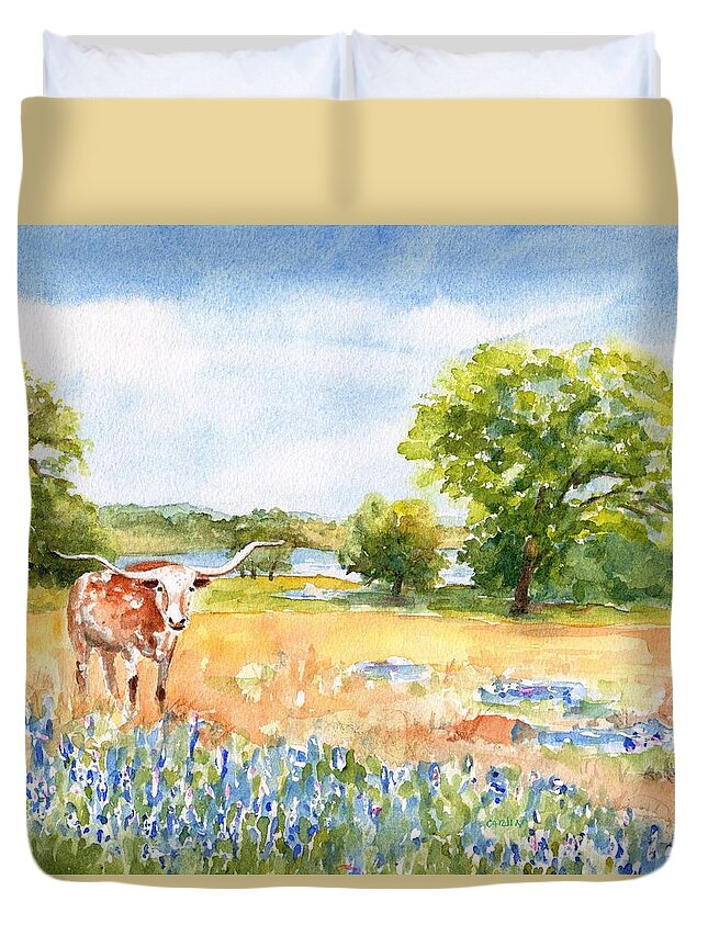 Longhorn Duvet Cover featuring the painting Texas Longhorn and Bluebonnets by Carlin Blahnik CarlinArtWatercolor
