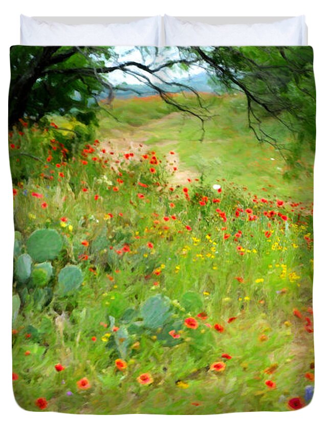 Texas Wildflowers Duvet Cover featuring the photograph Texas Wildflowers and Cactus - Country Road by Rebecca Korpita