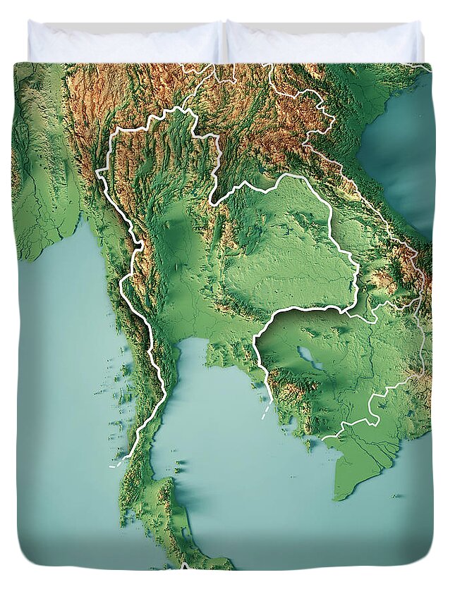 Thailand Duvet Cover featuring the digital art Thailand 3D Render Topographic Map Border by Frank Ramspott