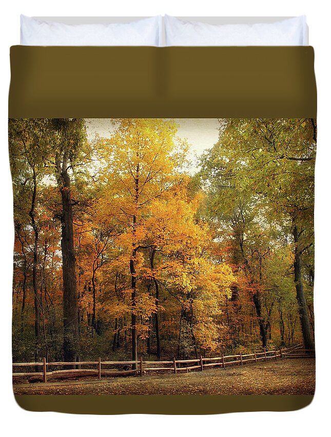 Autumn Duvet Cover featuring the photograph Thain Forest Autumn Trail by Jessica Jenney