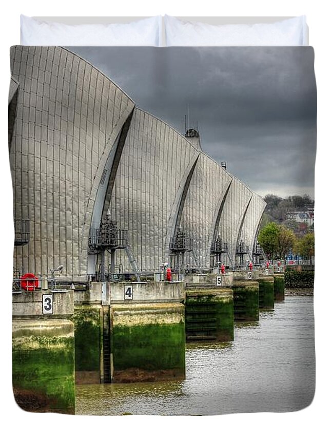 River Duvet Cover featuring the photograph Thames Barrier HDR by Vicki Spindler