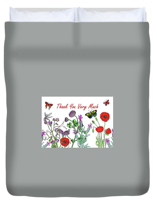 Wildflowers Duvet Cover featuring the painting Thank You Very Much Card Watercolor Flowers And Butterflies by Irina Sztukowski