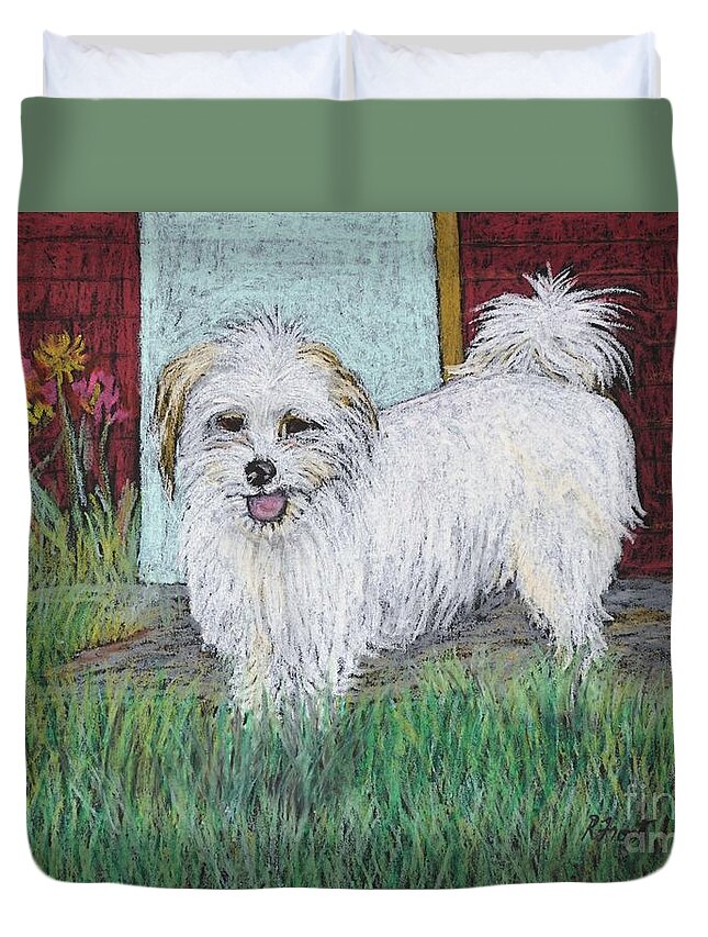 White Dogs Duvet Cover featuring the pastel That Little White Dog by Reb Frost