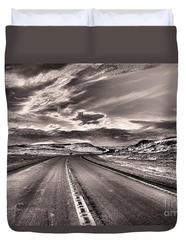  Road Duvet Cover featuring the photograph that long Lonely Road black and white by Jeff Swan