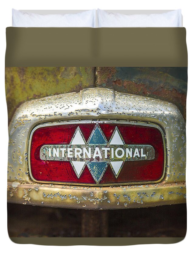 Reid Callaway 1947 International Harvester Truck Duvet Cover featuring the photograph The 1947 International Emblem IHC Trucks Manufacturing Art by Reid Callaway